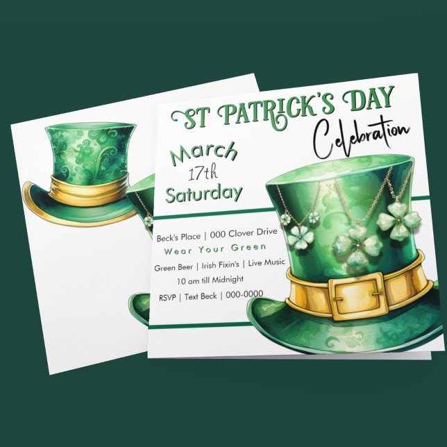 Convites Chapéu Superior do Dia de São Patrício com a Festa (Happy St Patrick's Day customizable party invitation with Leprechaun Top Hats and Shamrocks)