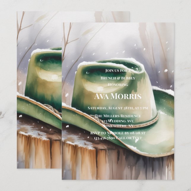 Convites Chapéu Verde de Cowboy na Neve Brunch & Bubbly (Frente/Verso)