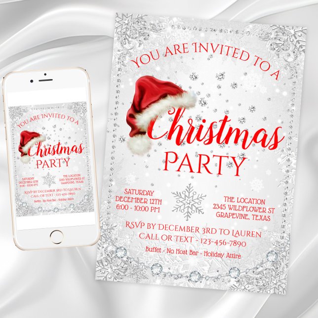 Convites Chapéu Vermelho do Papai Noel Floco de Neve Festa  (Santa hat snowflake Christmas party invitation. Available for instant download and print.)