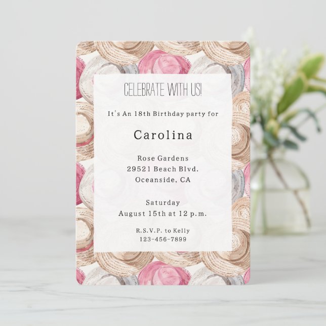 Convites Chapéus de Palha Brancos Creme Rosa de Aniversário (Em pé/Frente)