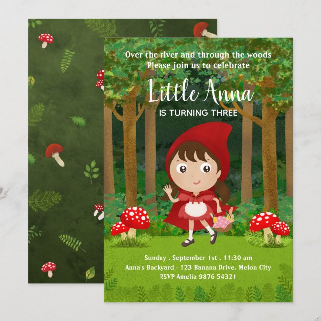 Convites Chapeuzinho Vermelho| Aniversário da Woodland Girl (Frente/Verso)