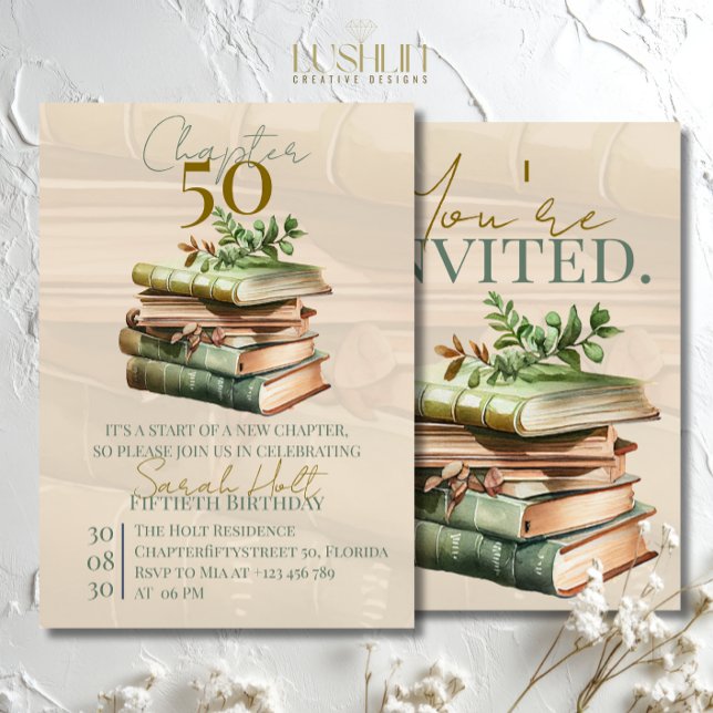 Convites Chapter 50 Birthday | Stacked Books & Leaves  (Criador carregado)