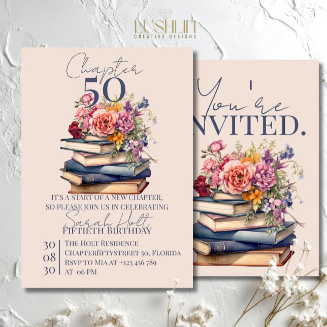 Convites Chapter 50 Birthday Stacked Books with Flowers (Criador carregado)