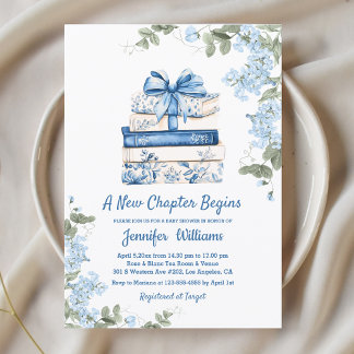 Convites chapter begins, blue bow books floral baby shower 