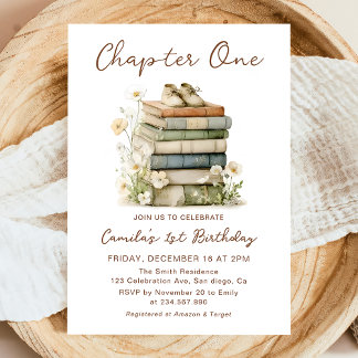 Convites Chapter One Floral Books 1st Birthday Invitation