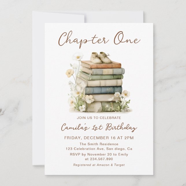Convites Chapter One Floral Books 1st Birthday Invitation (Frente)