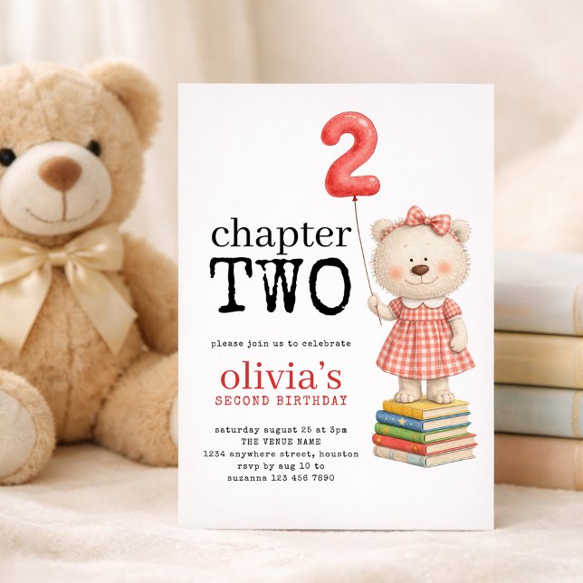 Convites Chapter Two Teddy Bear Books Girl 2nd Birthday Red (Criador carregado)