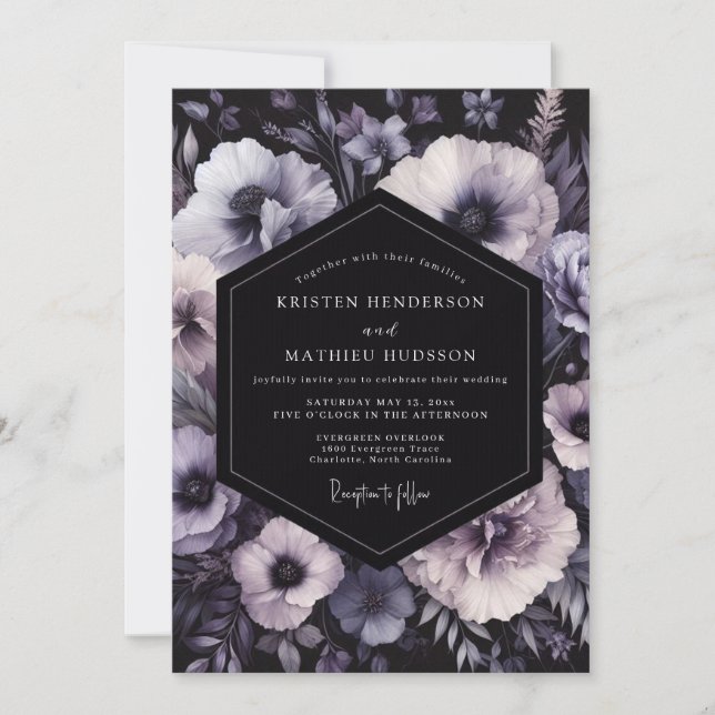 Convites Charcoal Amethyst Bloom Wedding (Frente)