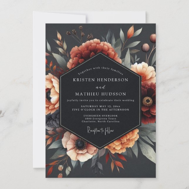 Convites Charcoal Baroque Flora Wedding (Frente)