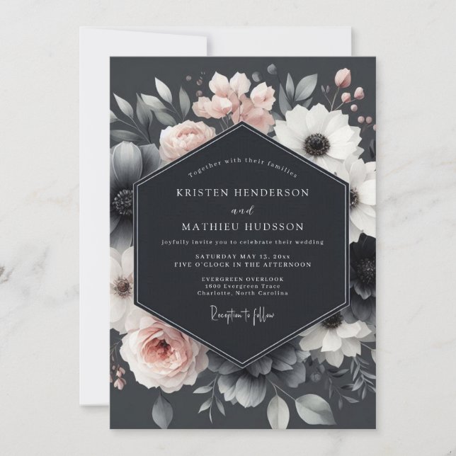 Convites Charcoal Blush Blossom Elegance Wedding (Frente)