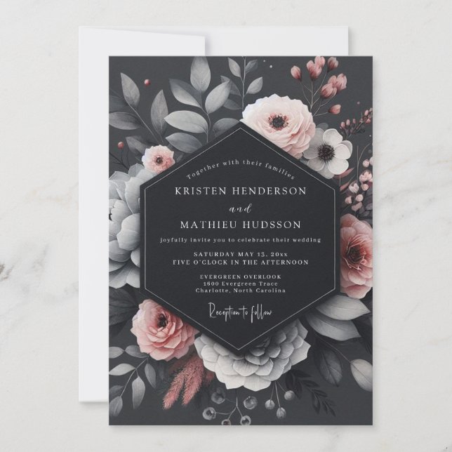 Convites Charcoal Blush Floral Elegance Wedding (Frente)