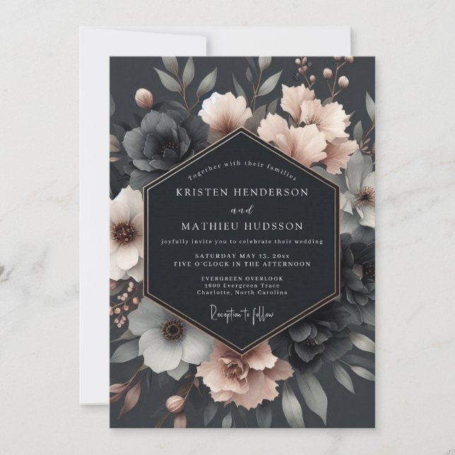 Convites Charcoal Blush Vesperal Bloom Wedding (Frente)