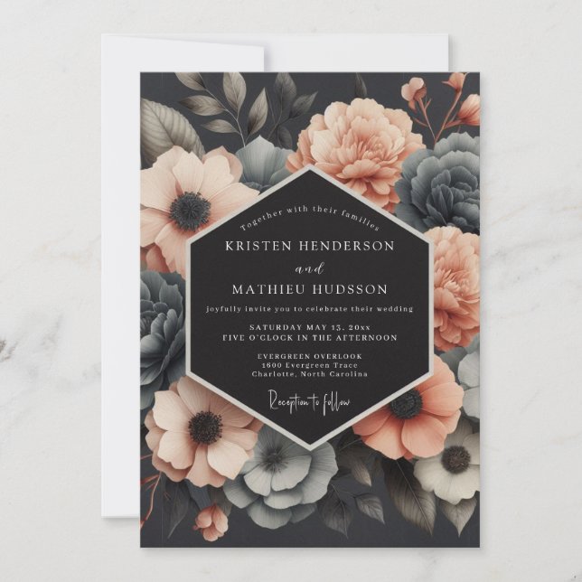 Convites Charcoal & Coral Muted Bloom Wedding (Frente)
