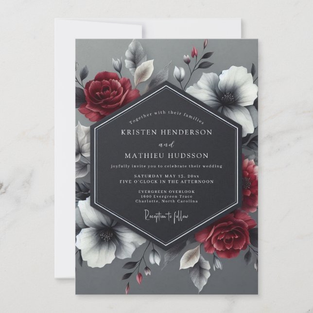 Convites Charcoal Crimson Bloom Wedding (Frente)