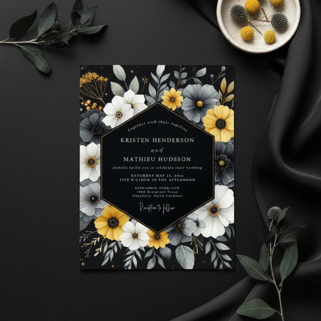 Convites Charcoal Floral Bloom Wedding (Criador carregado)