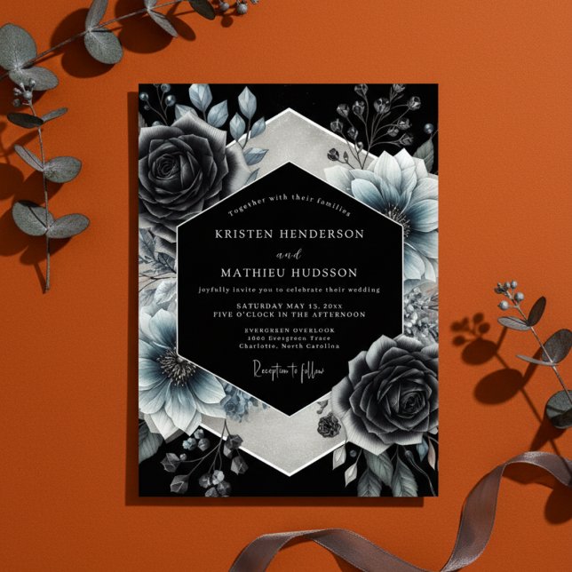 Convites Charcoal Floral Gothic Romance Wedding (Criador carregado)