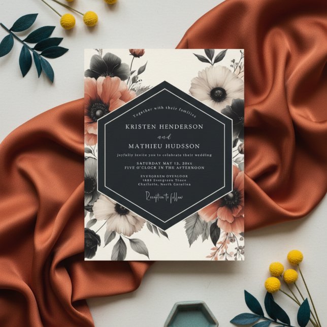 Convites Charcoal Floral Moody Romance Wedding (Criador carregado)