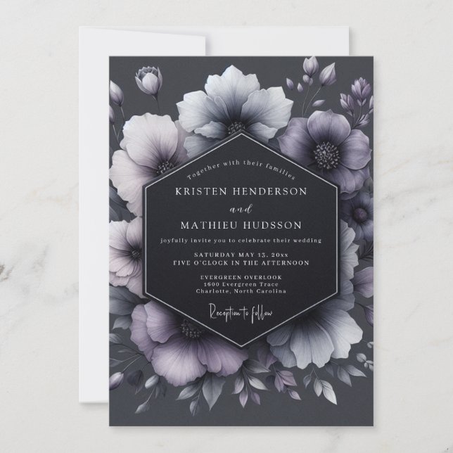Convites Charcoal Floral Moody Wedding (Frente)