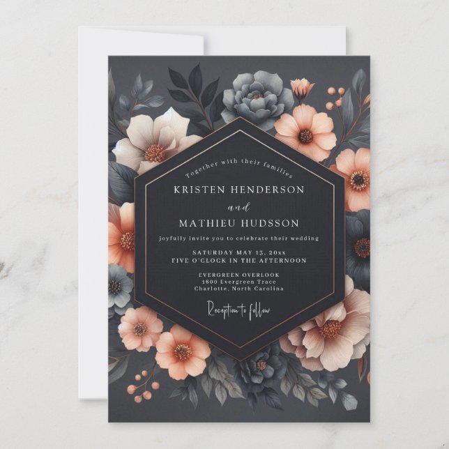 Convites Charcoal Floral Romance Wedding (Frente)