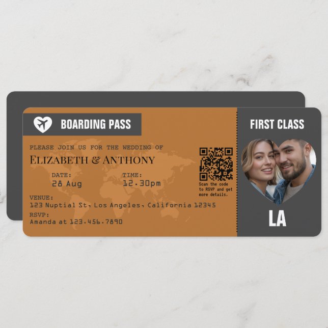 Convites Charcoal Gray & Copper Boarding Pass Wedding (Frente/Verso)