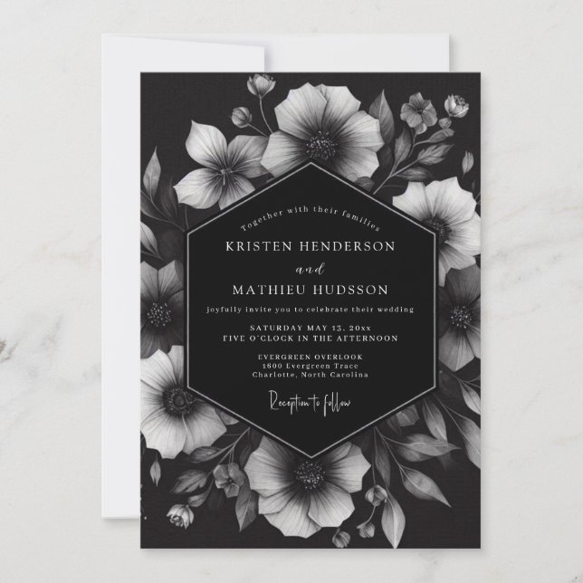 Convites Charcoal Ink Blot Bloom Wedding (Frente)