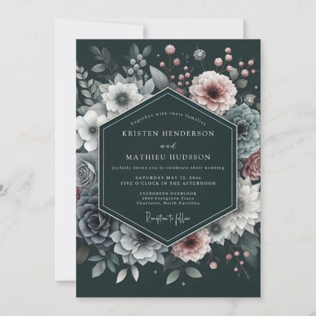 Convites Charcoal Mauve Luminous Bloom Wedding (Frente)