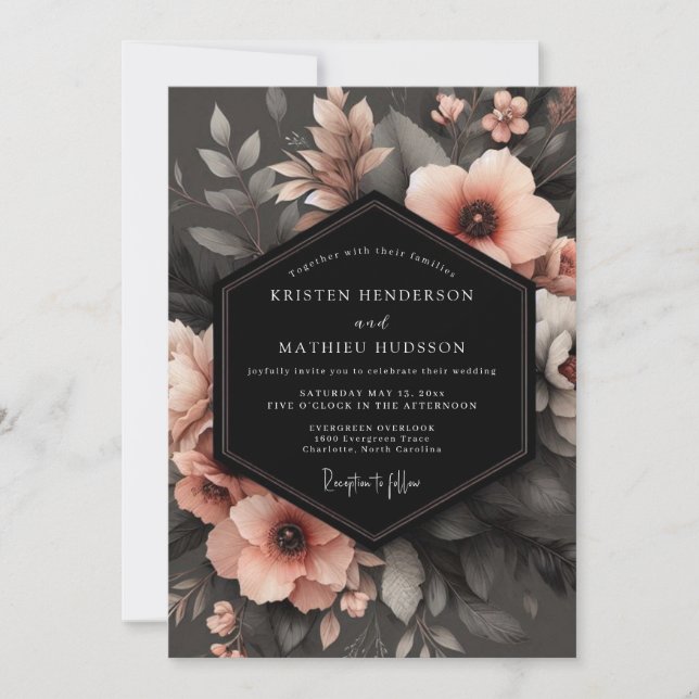 Convites Charcoal Peach Shadowy Flora Wedding (Frente)