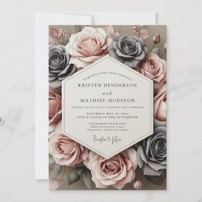 Convites Charcoal Rose Timeless Bloom Wedding (Frente)