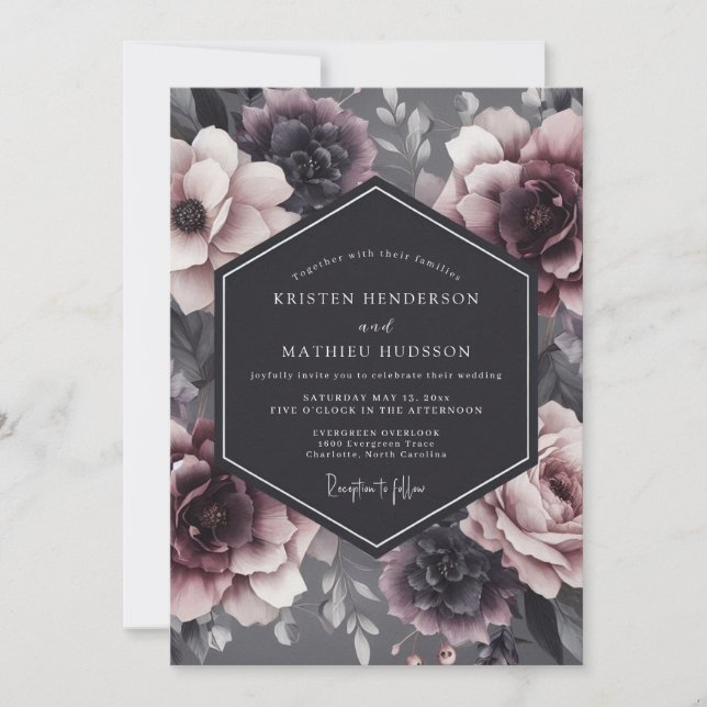 Convites Charcoal Somber Flora Wedding (Frente)