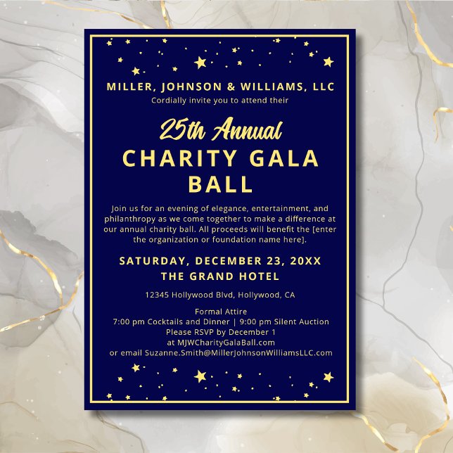 Convites Charity Gala Ball Silent Auction Elegante Blue Dou (Annual Charita Gala Ball Silent Auction Fundraiser Invitation in Navy Blue and Gold with Gold Stars.)
