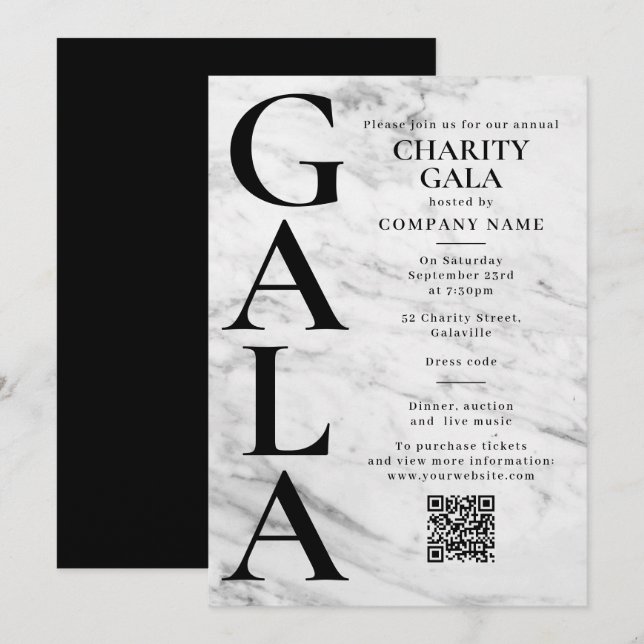 Convites Charity Gala Fundraising Event QR Code Marble (Frente/Verso)