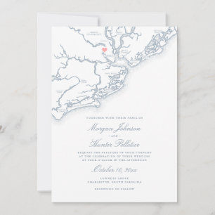 Convites Charleston SC Map Elegante Dusty Blue Weding