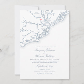 Convites Charleston SC Map Elegante Dusty Blue Weding