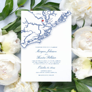 Convites Charleston SC Mapa Elegante Marinho Casamento Azul
