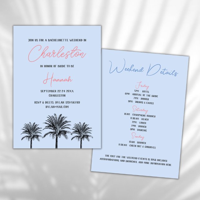 Convites Charleston Tropical Palms Bachelorette Weekend (charleston bachelorette weekend invitation south carolina tropical palms sky blue beach bachelorette)