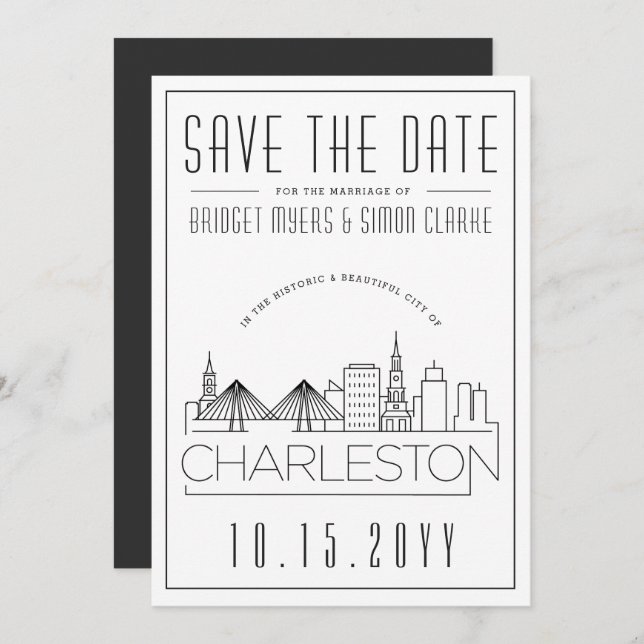 Convites Charleston Wedding Stylized Skyline Salvar a Data (Frente/Verso)