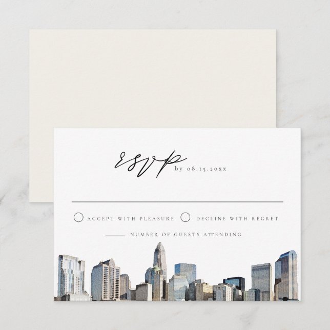 Convites CHARLOTTE NORTH CAROLINA Skyline Destination RSVP (Frente/Verso)