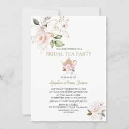 Convites Charm Blush Dourado Floral Chá de panela Tea Party
