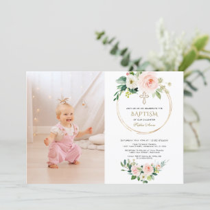 Convites Charm Blush Floral Dourado Foto Baptism