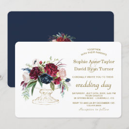 Convites Charm Burgundy Blue Watercolor Flowers