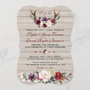 Convites Charm Burgundy Blush Floral Antlers Barn Casamento