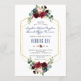 Convites Charm Burgundy Floral Dourado Hexágono Casamento
