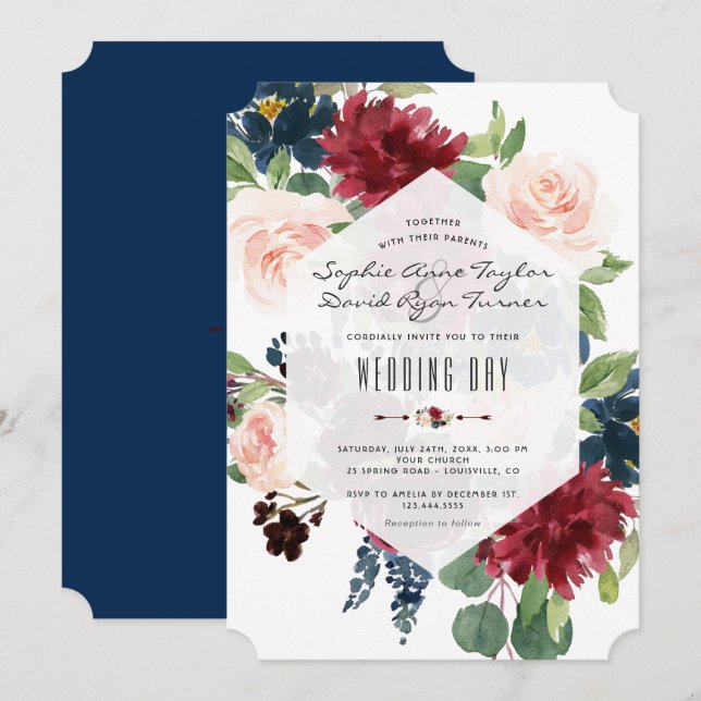 Convites Charm Burgundy Floral Hexagon Casamento (Frente/Verso)