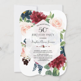 Convites Charm Burgundy Floral Hexagon Frame 50º Aniversári