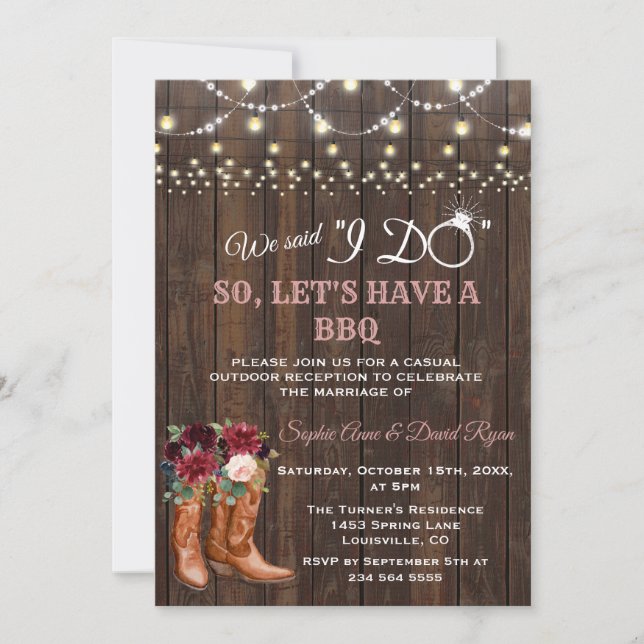 Convites Charm Burgundy Pink Boots depois que faço CHURRASC (Frente)