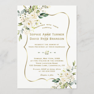 Convites Charm Delicate White Flowers Casamento Dourado de