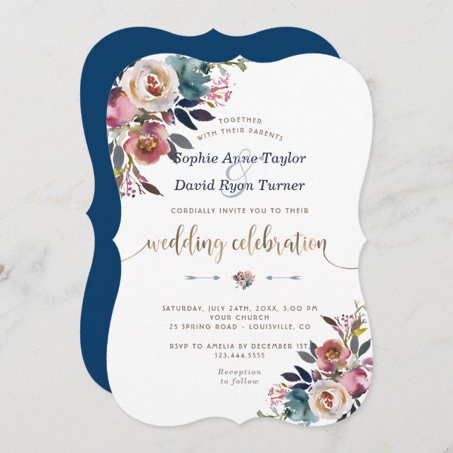 Convites Charm Dusty Blue Floral Bloom Casado (Frente/Verso)