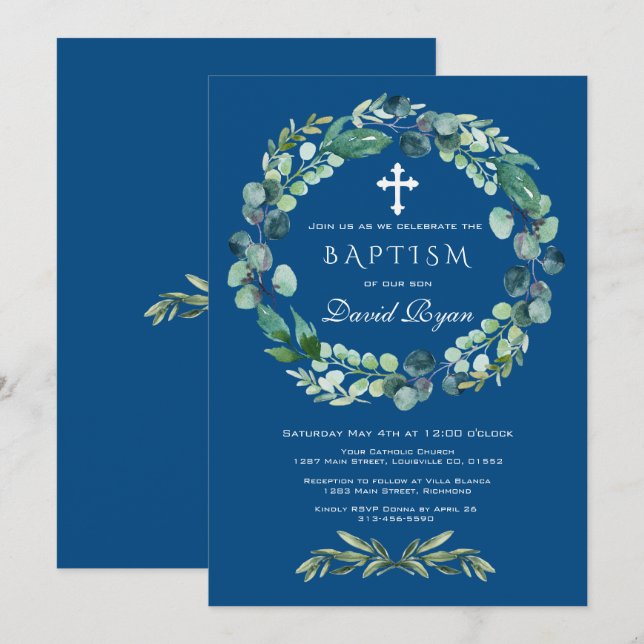 Convites Charm Eucalyptus Foliage Classic Blue Boy Baptism (Frente/Verso)