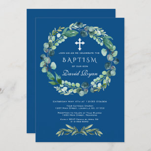 Convites Charm Eucalyptus Foliage Classic Blue Boy Baptism