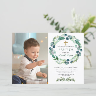 Convites Charm Eucalyptus Foliage Wreath Boy Foto Baptism